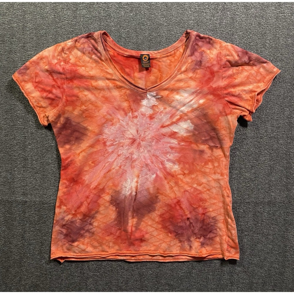 OJAI Women Orange Tie Dye V-Neck T-Shirt Size L Short Sleeve Casual Cotton